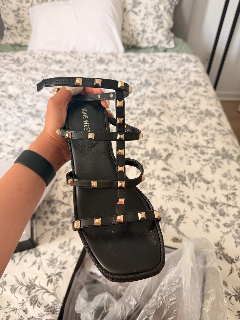 Nine West Black Strappy Sandal with Gold Studs